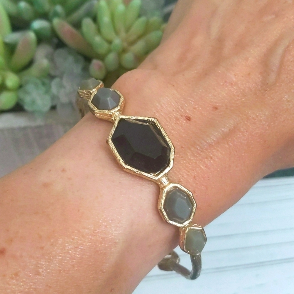 Textured Gold & Gemstone Bangle Bracelet - Costume Jewelry